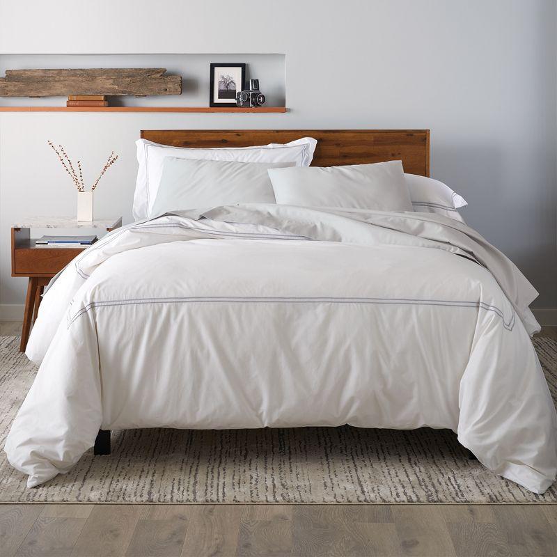 Ella Jayne 100% Cotton Percale 3 Piece Duvet Set, Full/Queen, White with Silver Satin Stitching