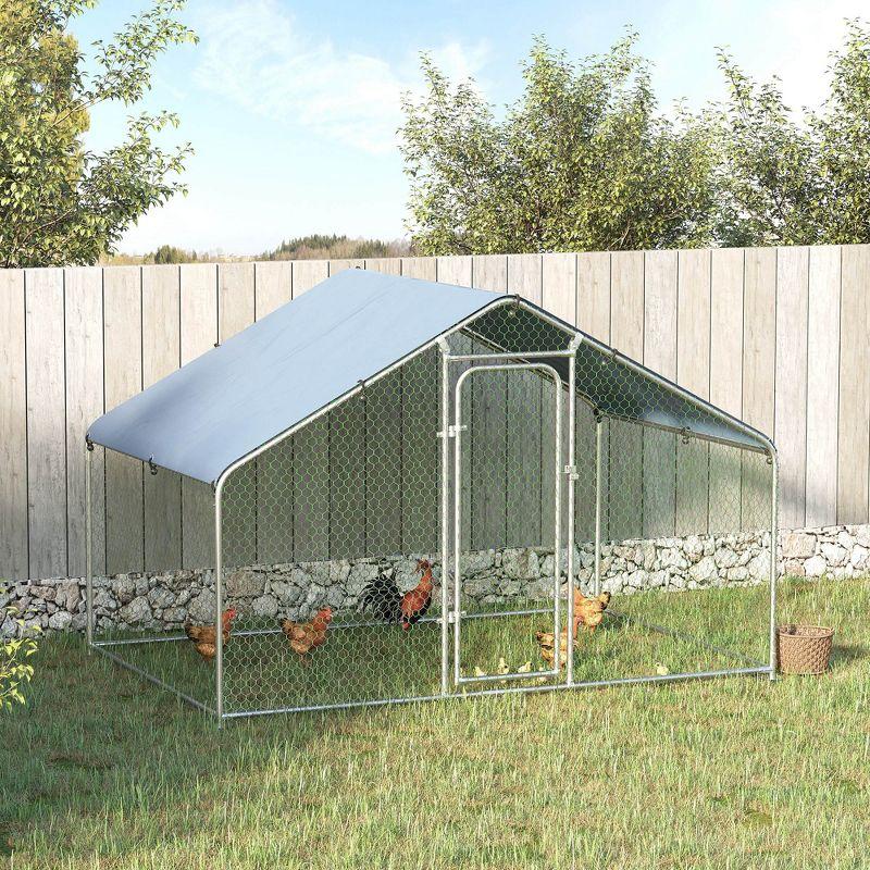 PawHut Galvanized Large Metal Chicken Coop Cage 1 Room Walk-in Poultry Hen Run House Rabbit Hutch UV & Water Resistant Cover