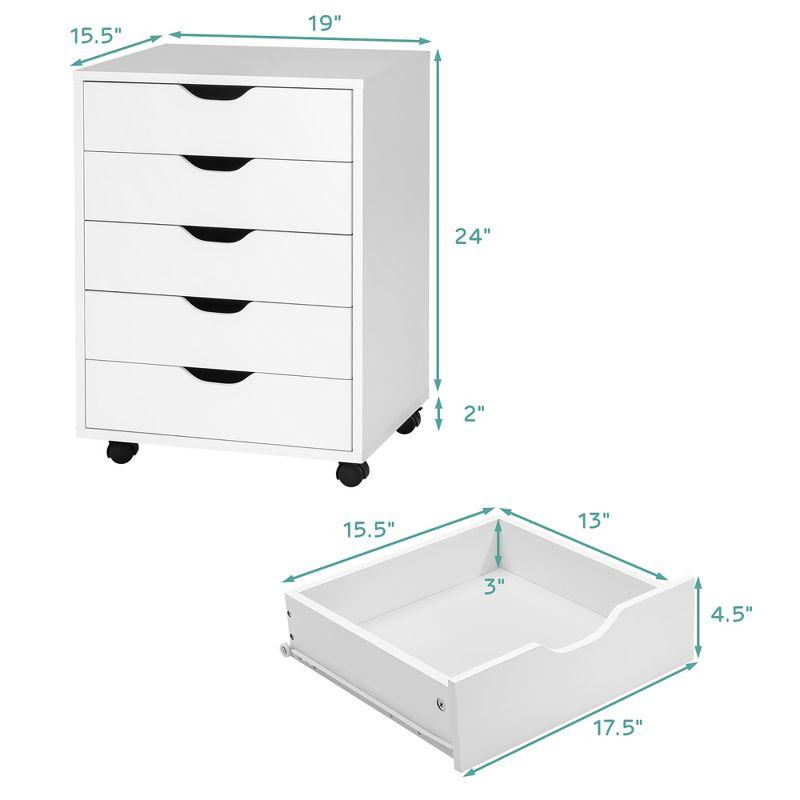 White 5-Drawer Engineered Wood Storage Cabinet with Wheels