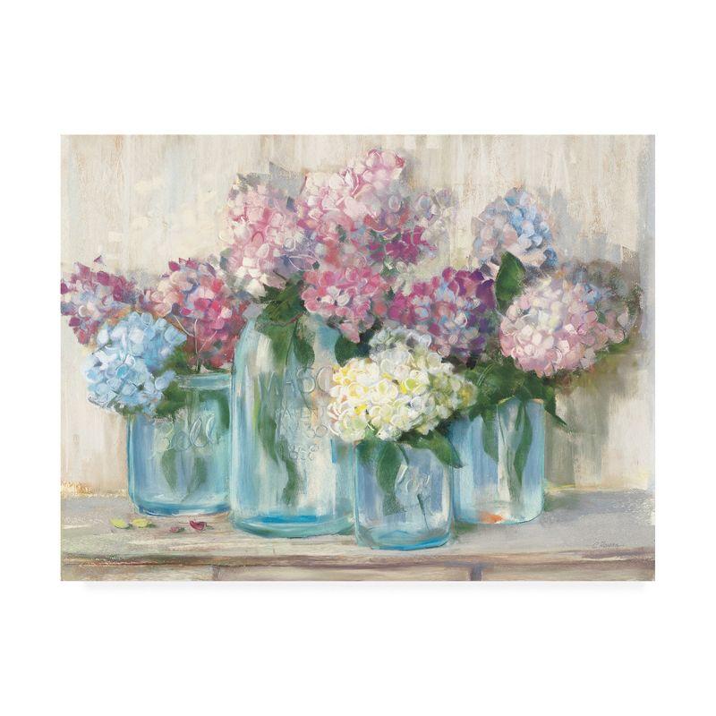 Trademark Fine Art -Carol Rowan 'Hydrangeas in Glass Jar Pastel Crop' Canvas Art