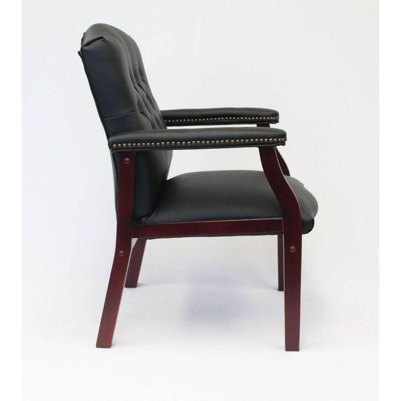 Classic Traditional Button Tufted Black Vinyl Guest Chair with Mahogany Wood Frame