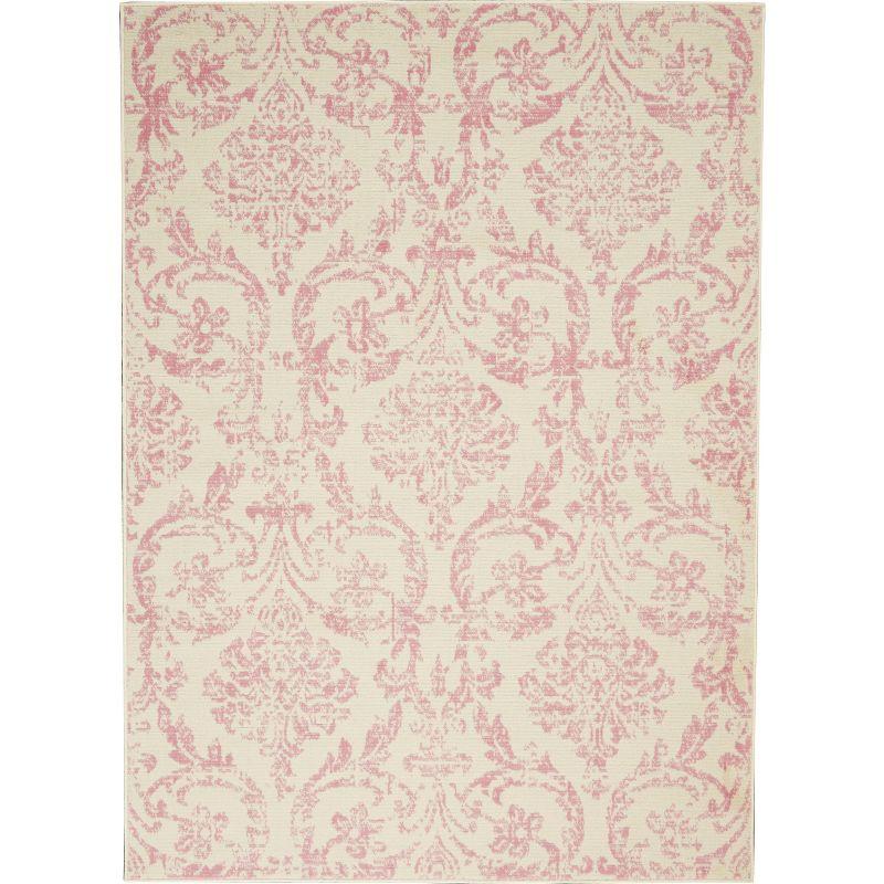 Ivory and Pink Vintage Damask Area Rug