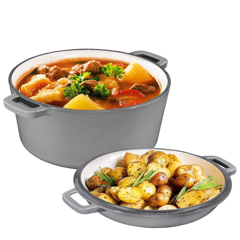 Bruntmor 2-in-1 Gray Enamel Cast Iron Dutch Oven & Skillet Set, 5 Quarts | All-in-One Cookware for Induction, Electric, Gas, Stovetop & Oven