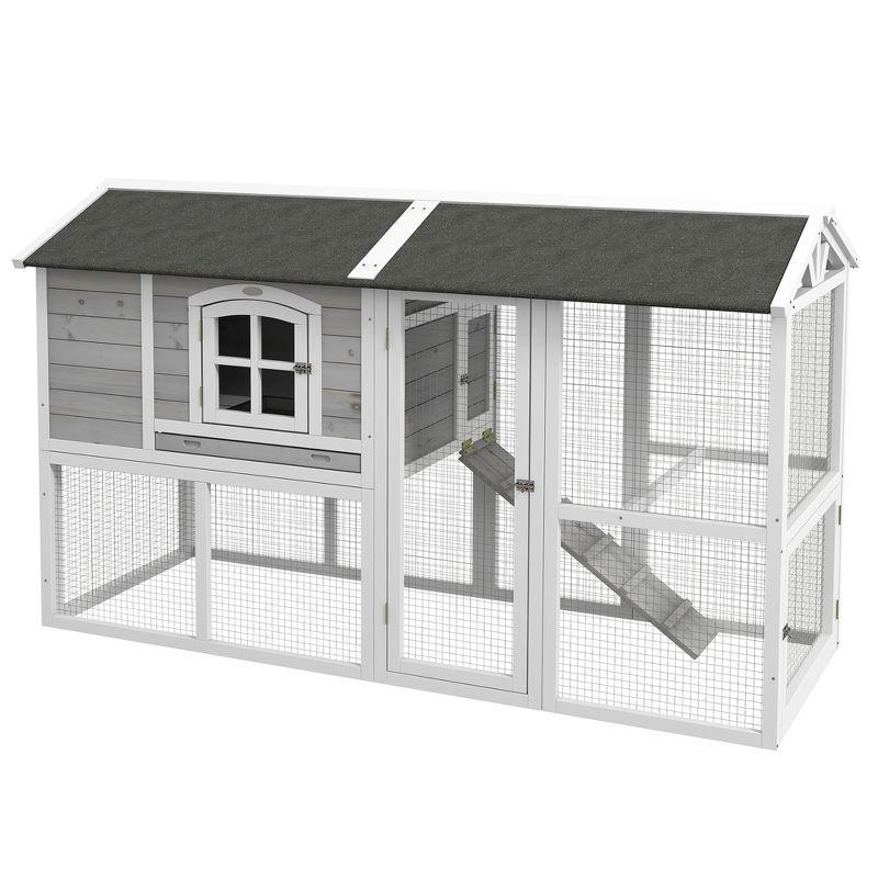 PawHut Wooden Chicken Coop with Run for 3 - 4 Chickens, Hen House with Nesting Box, Removable Tray, 77.5" x 32.5" x 46", Light Gray