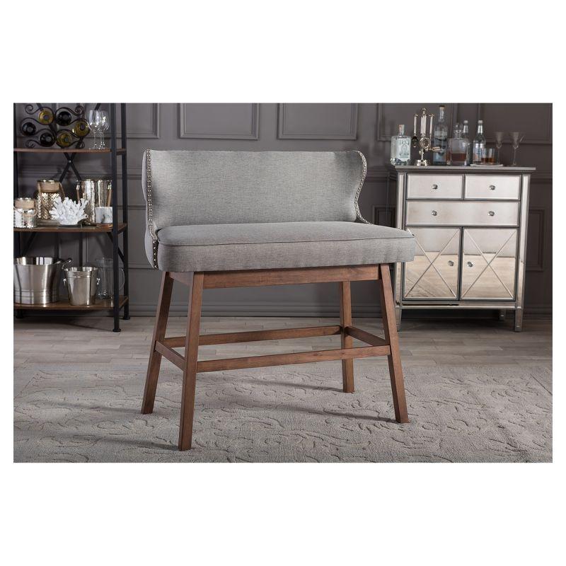 Gray Fabric Button-Tufted Bar Bench with Walnut Legs