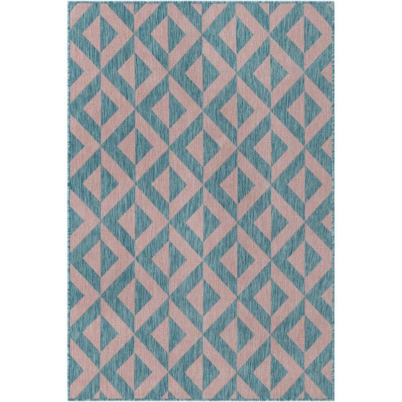 Pink and Aqua Geometric 4' x 6' Synthetic Outdoor Rug