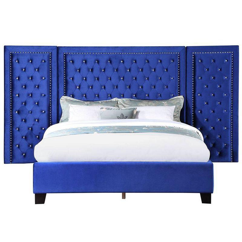 Damazy Blue Velvet Queen Bed with Tufted Headboard