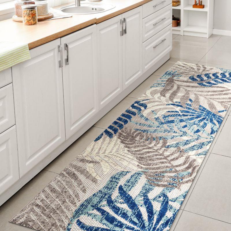 JONATHAN Y Tropics Palm Leaves Indoor/Outdoor Gray/Blue 2 ft. x 8 ft. Runner Rug