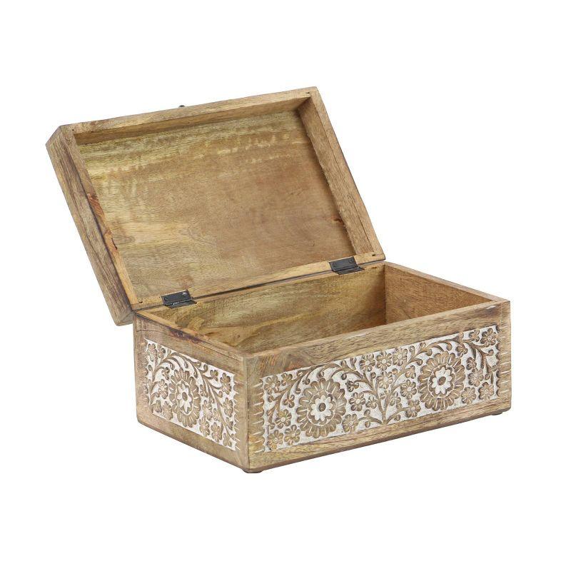 Set of 3 Mango Wood Carved Floral Boxes - Olivia & May: Coastal Style with Lids, Indoor Use, Non-Slip Base