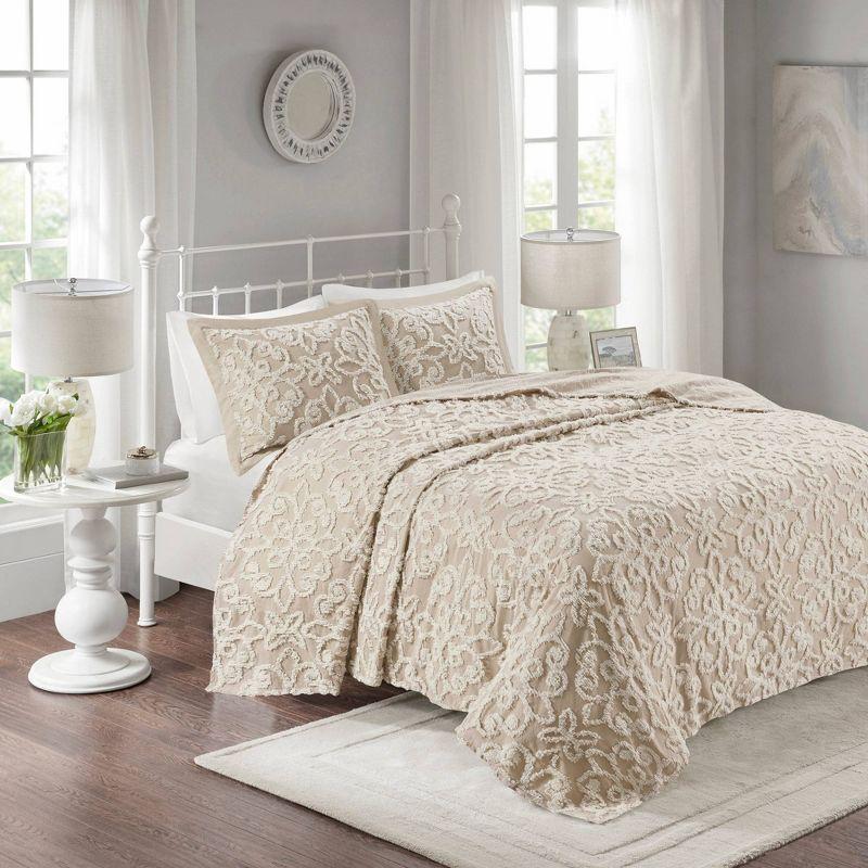 Emberly Tufted 100% Cotton Sateen Coverlet Set in Farmhouse Style