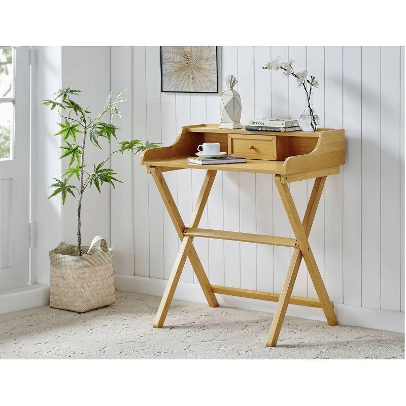 Sleek Natural Finish Foldable Writing Desk with Storage Drawer