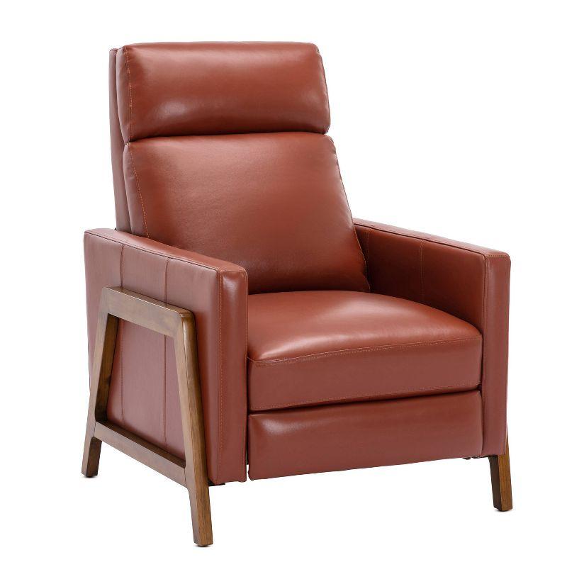 Modern Caramel Leather and Wood Push Back Recliner