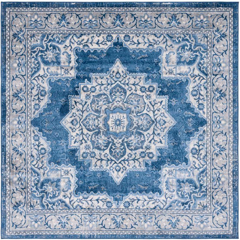 Ivory and Navy Synthetic Hand-Knotted Square Area Rug