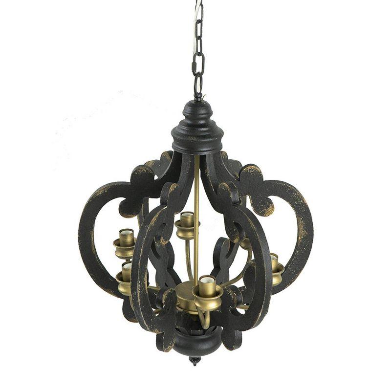 Antique Black 6-Light Wrought Iron Chandelier with Glass Shades