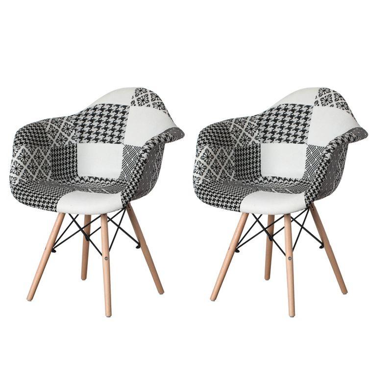 Mid-century Modern Style Fabric Lined Armchair With Beech Wooden Legs, Black And White Set 2