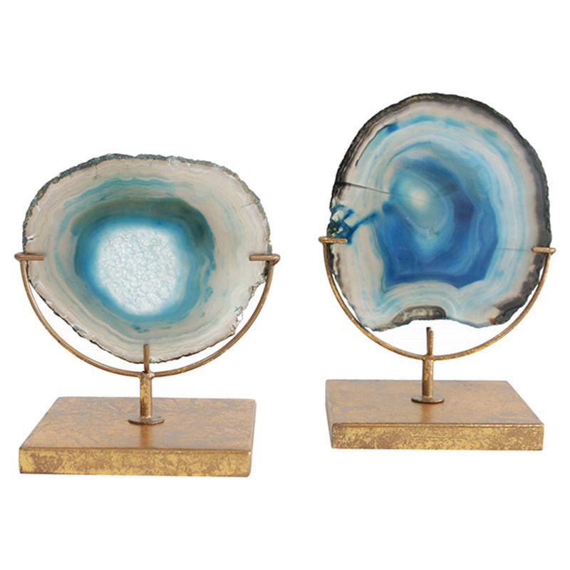 Blue Agate Stone Slice on Gold Metal Stand