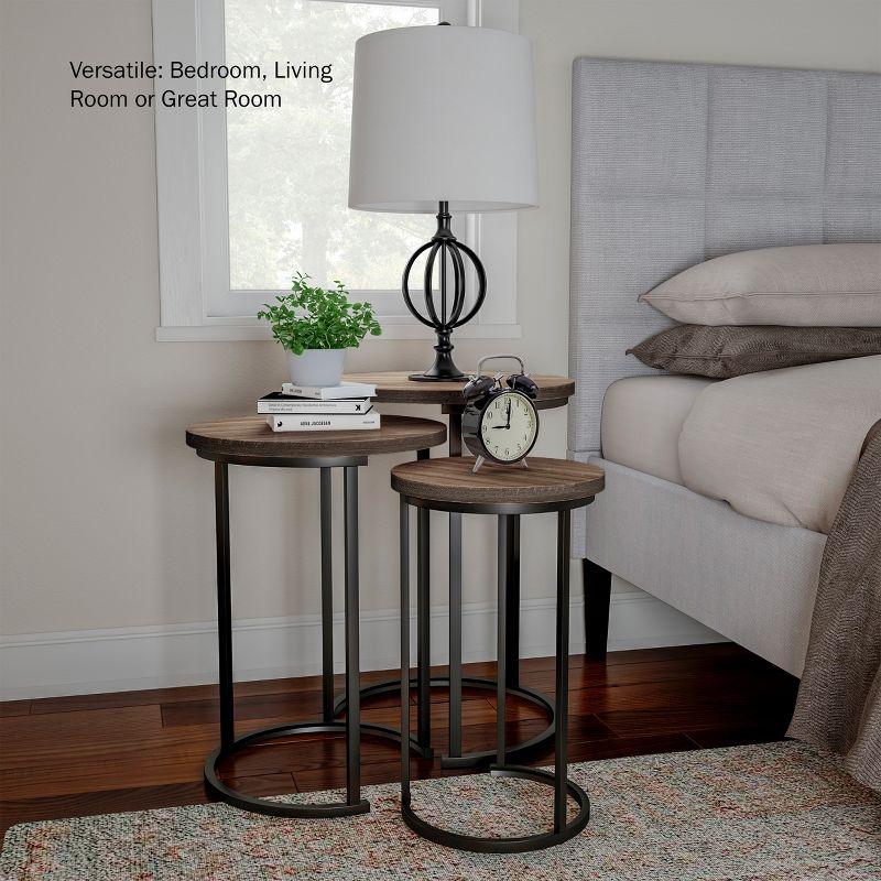 Hastings Home Set of 3 Round End Tables with Woodgrain-Look and Black Metal Base, Gray/Brown