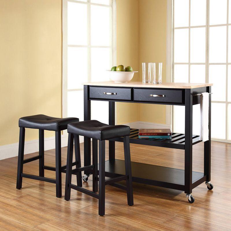 Natural Wood Top Black Kitchen Cart with Wine Rack and Stools