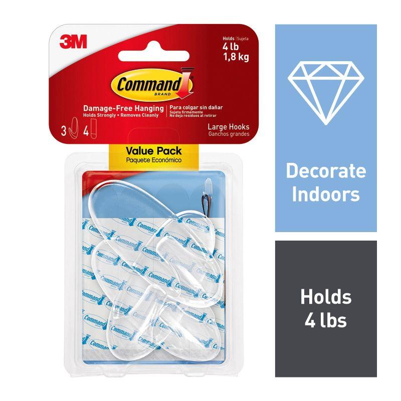 Command Large Sized Decorative Hooks with Strips Value Clear: Adhesive Hooks for Wreaths & Stockings, Heavy Duty, 4 lb Capacity