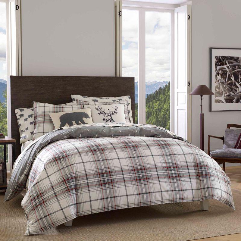 Twin Charcoal and Red Plaid Cotton Duvet Cover Set