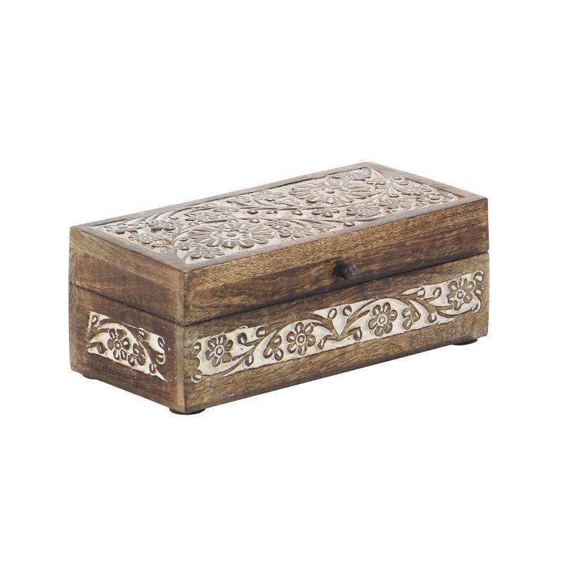 Set of 3 Mango Wood Carved Floral Boxes - Olivia & May: Coastal Style with Lids, Indoor Use, Non-Slip Base