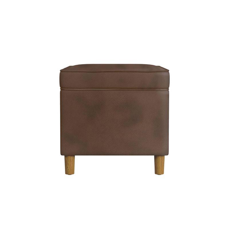 24" Dinah Storage Ottoman Brown Faux Leather - HomePop: Honey Oak Legs, Soft-Close Hinge, Footstool