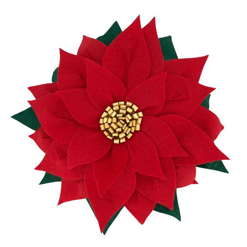 Festive Red Felt Poinsettia Round Throw Pillow