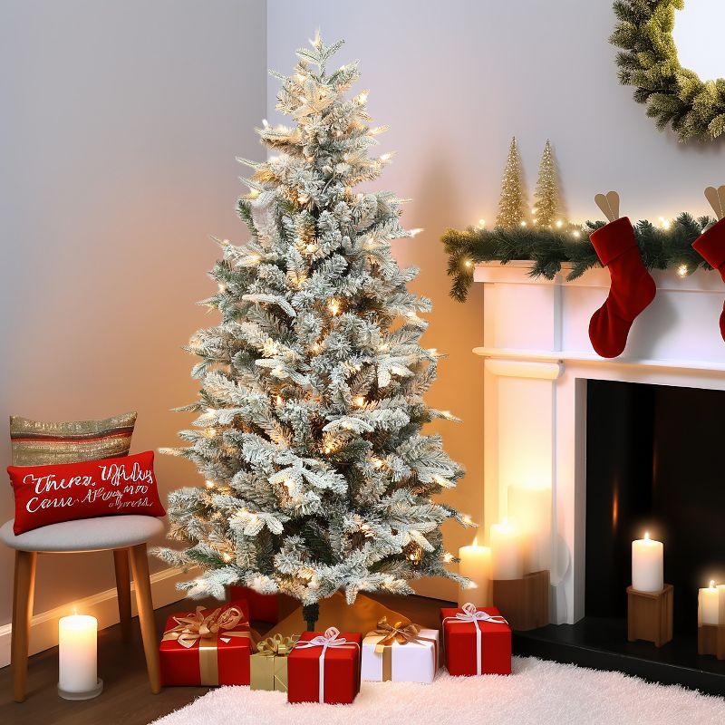 LuxenHome 5Ft Prelit Christmas Tree with Metal Stand, Full Fir Artificial Flocked Christmas Tree with 150 LED Lights Green