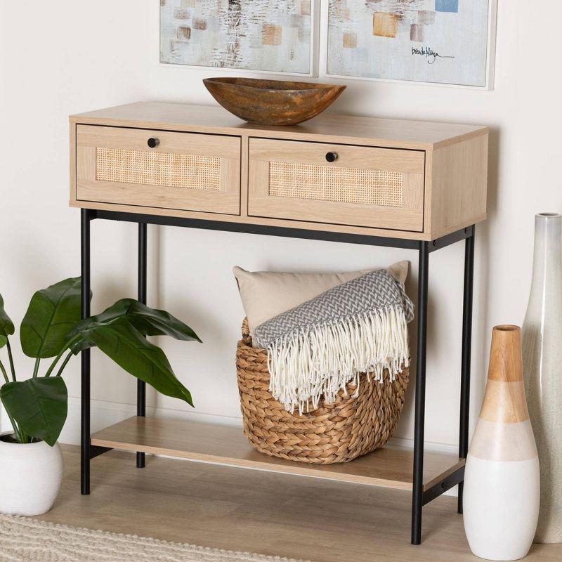 Sherwin 2 Drawer Console Table with Woven Rattan Accent Light Brown/Black - Baxton Studio: Entryway Storage, Studio McGee Style