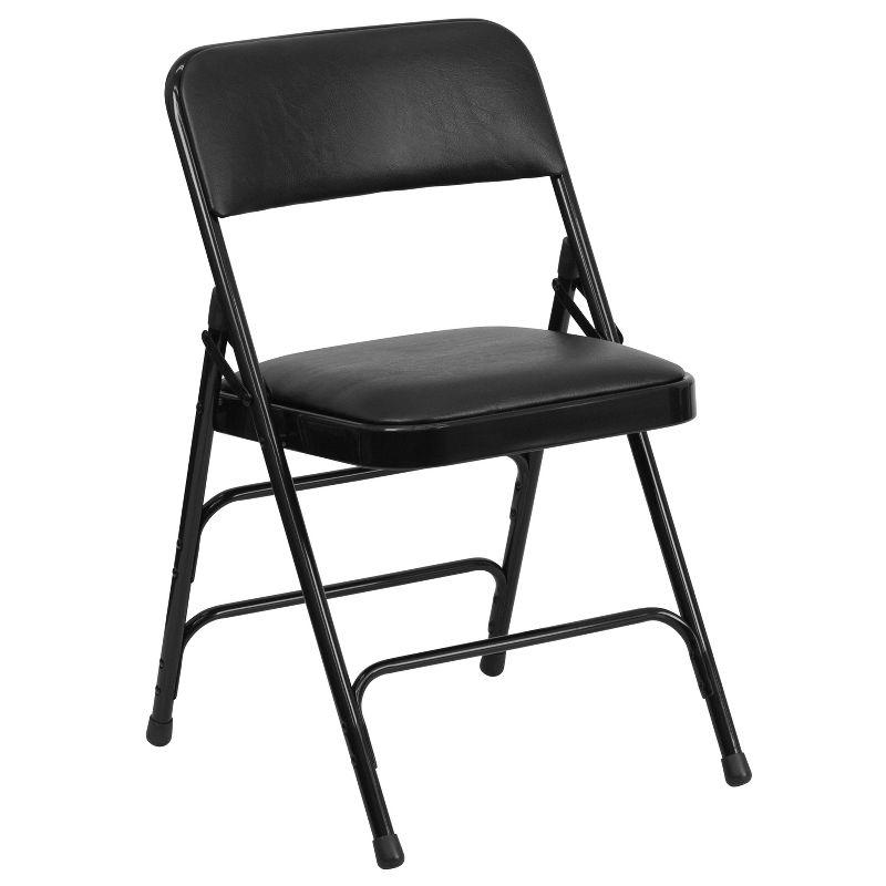 Black Metal Folding Chairs with Padded Vinyl Seats, Set of 2