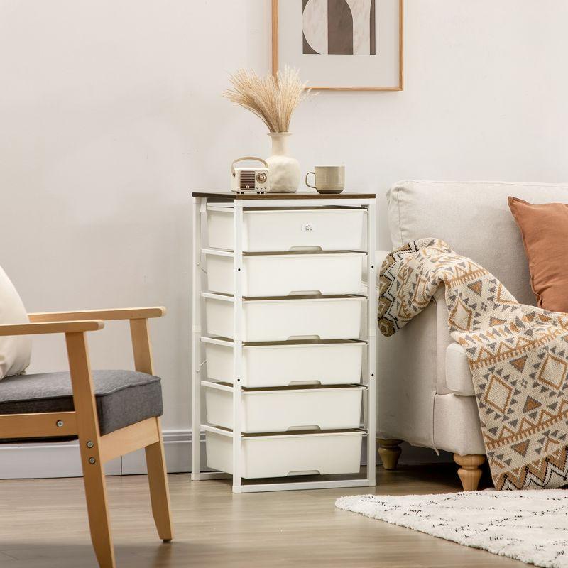 Modern White 6-Drawer Dresser with Plastic Bins and Steel Frame