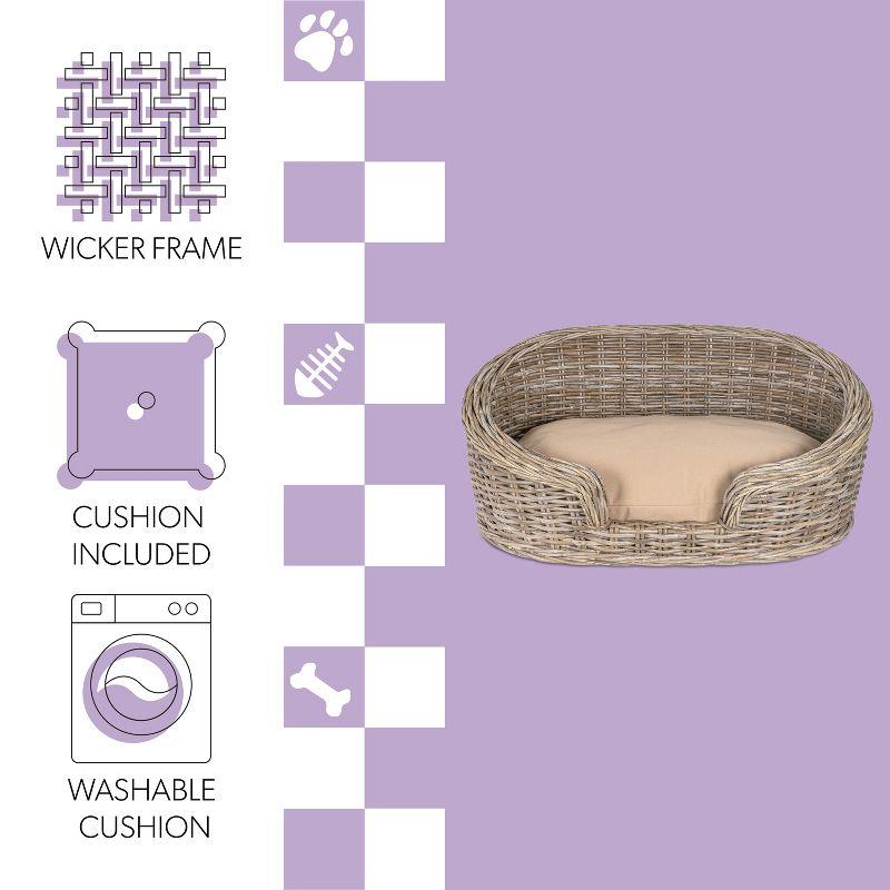 THE LICKER STORE Curvy 33" x 21.25" Classic Handwoven Rattan Dog Bed with Machine-Washable Cushion, Kubu Gray