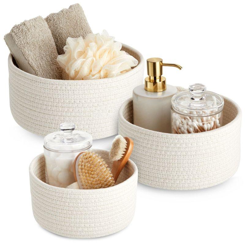 Set of 3 White Cotton Rope Storage Baskets