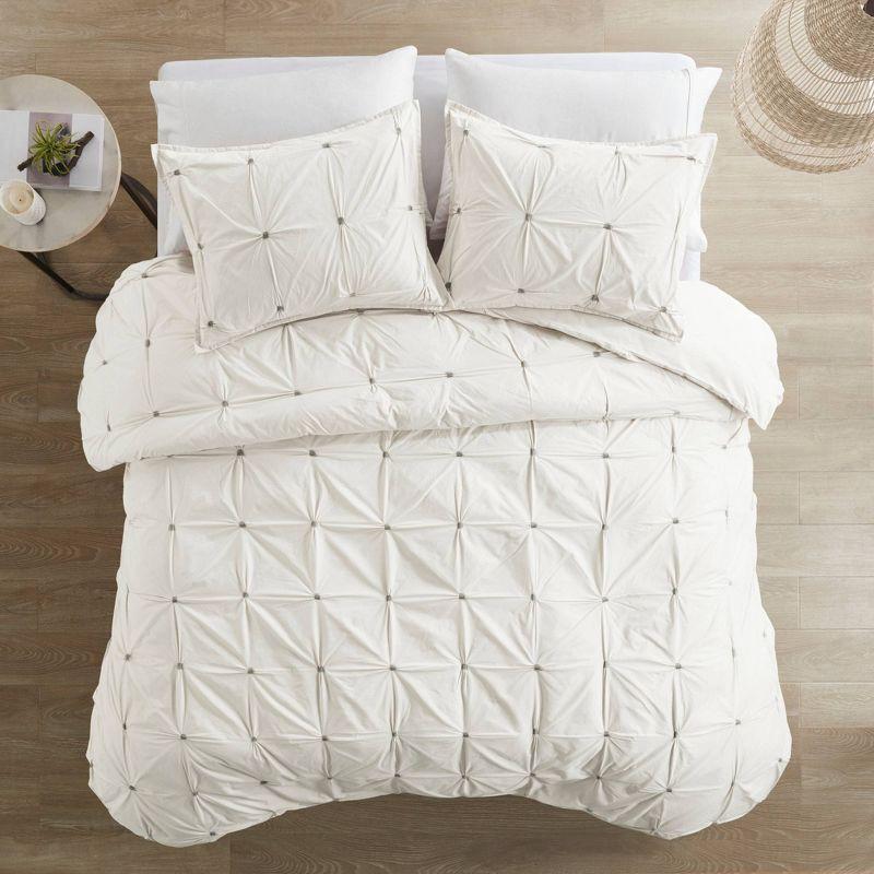 White Full/Queen Cotton Pintuck Duvet Cover Set