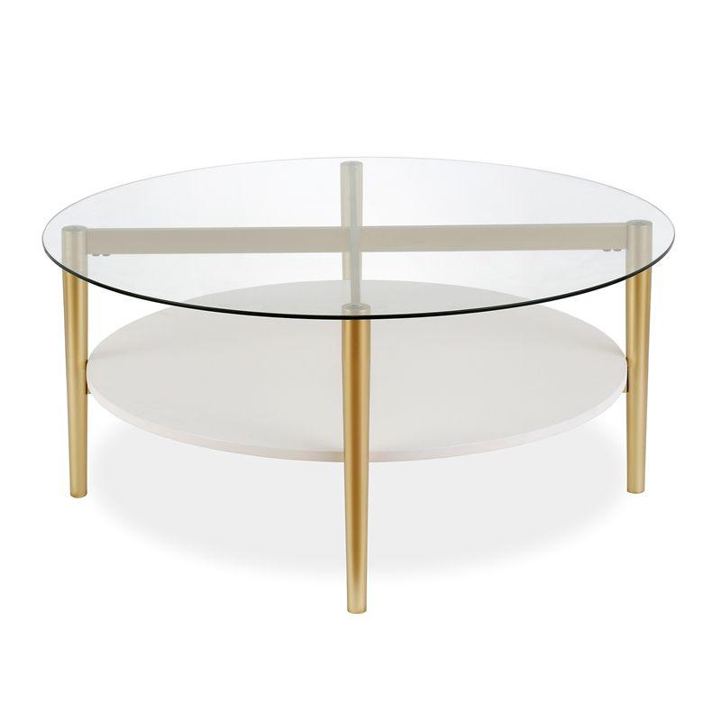Mid-Century Brass and White Lacquer Round Coffee Table with Glass Top