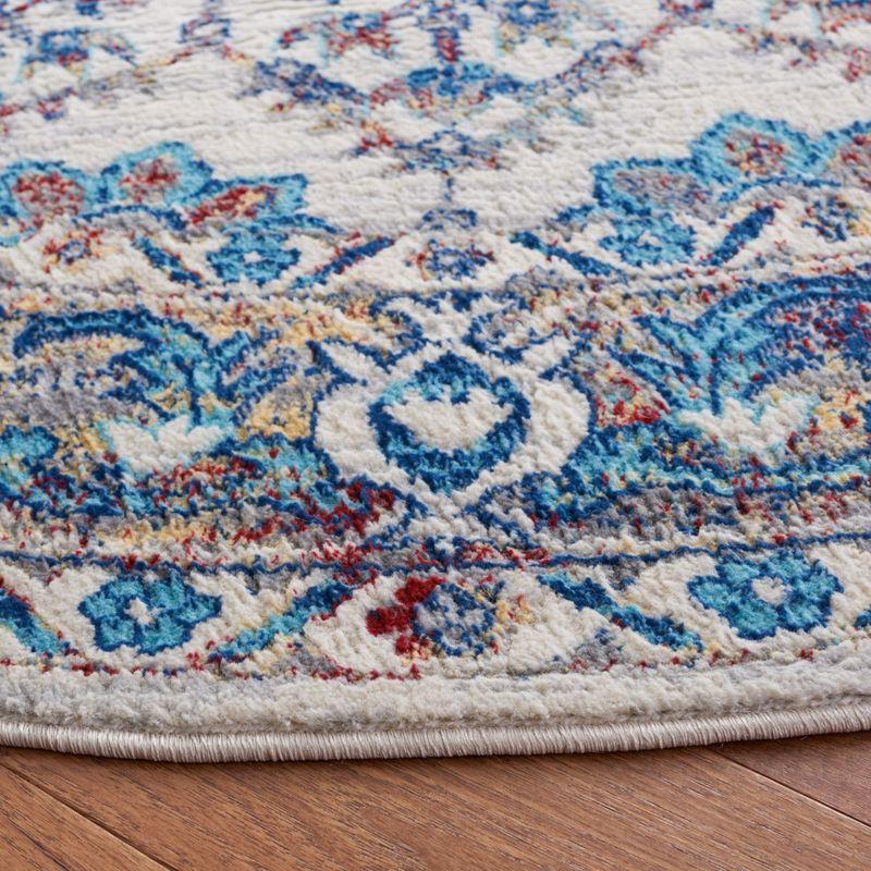 Ivory and Blue Round Synthetic Hand-Knotted Rug