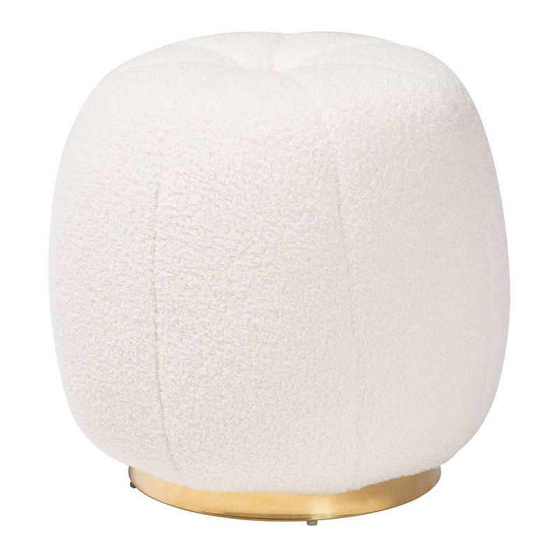 Ivory Boucle Upholstered Round Ottoman with Gold Metal Base