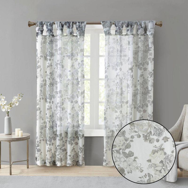 White Floral Twist Tab Top Sheer Polyester Curtain Panel