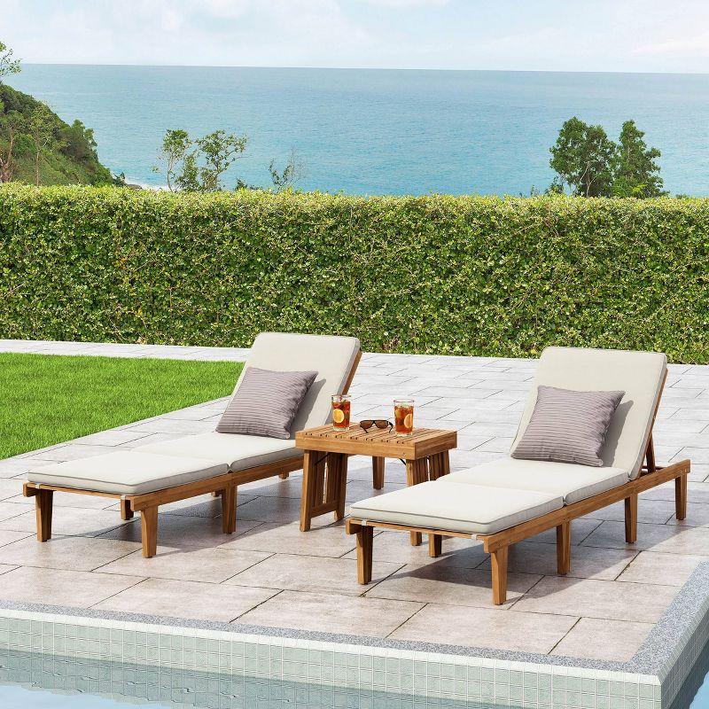 Ariana 3pc Acacia Wood Chaise Lounge Set - Teak/Cream - Christopher Knight Home: Outdoor Seating with Accent Table