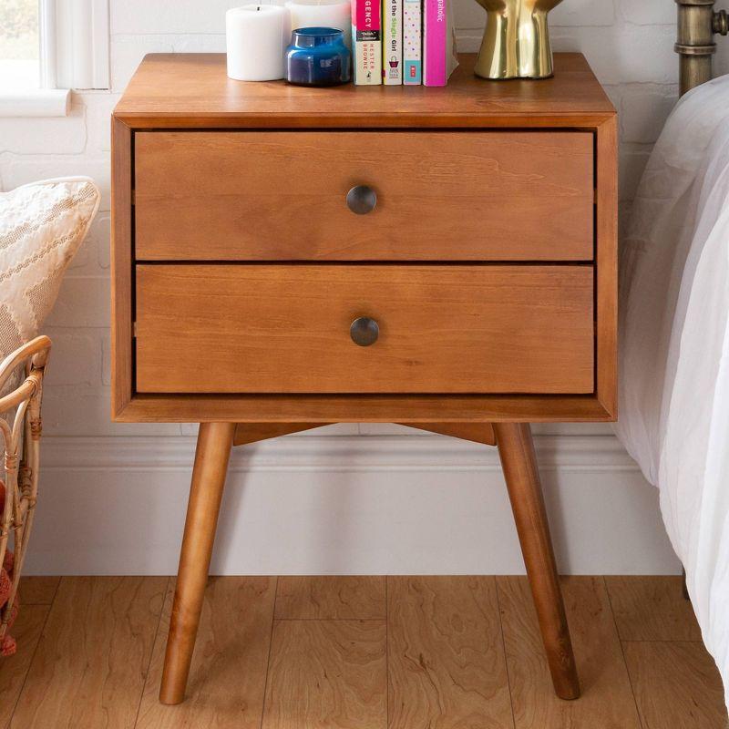 Greenberg 2 Drawer Mid-Century Modern Solid Wood Nightstand Caramel - Saracina Home: Pine, Beveled Edges, Antique-Finish Knobs