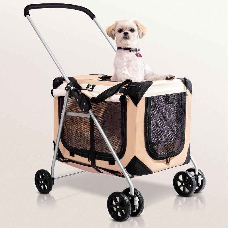 Tan Foldable Pet Stroller with Detachable Carrier