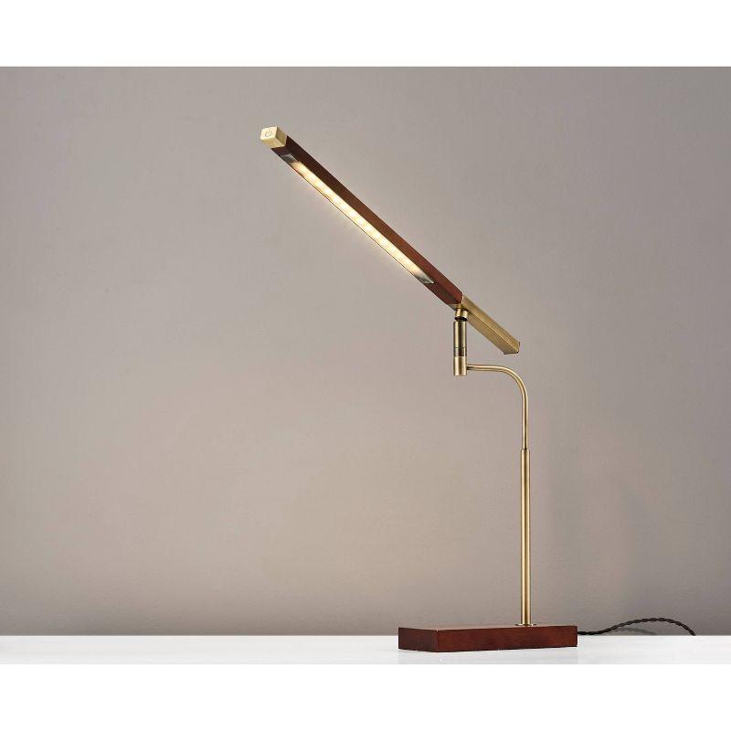 Walnut and Antique Brass Adjustable LED Desk Lamp with USB Port