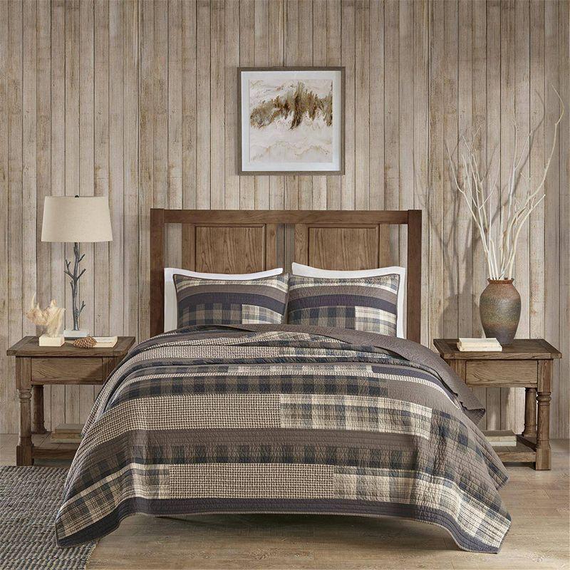 King Brown Cotton Reversible Plaid Quilt Set