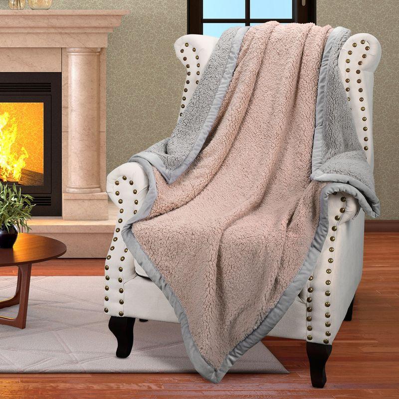 Catalonia Pink and Gray Reversible Sherpa Throw Blanket, 50x60 Inches