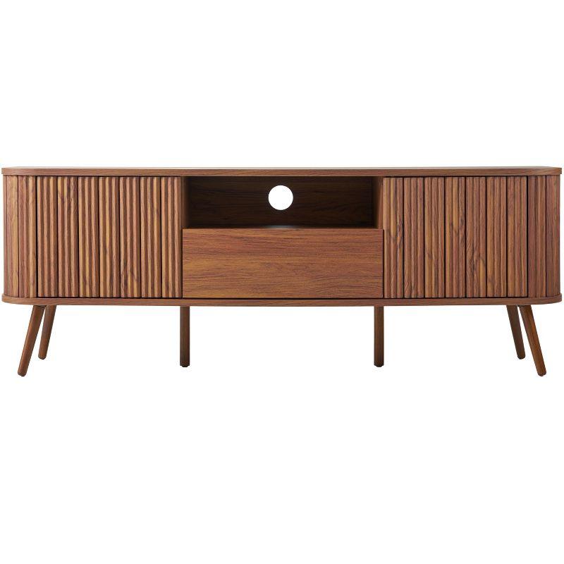JONATHAN Y Damien 70 in. Farmhouse Curved TV Stand with Drawer and Storage Doors Fits TVs up to 75 in. with Cable Management, Walnut