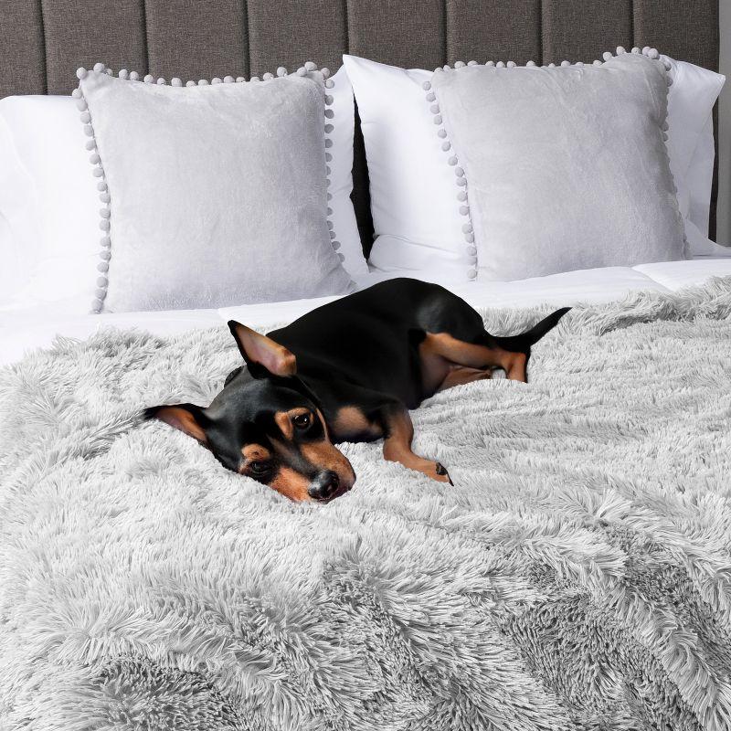 PAVILIA Fluffy Faux Fur Reversible Throw Blanket for Bed, Sofa, and Couch, Light Gray/Throw - 50x60