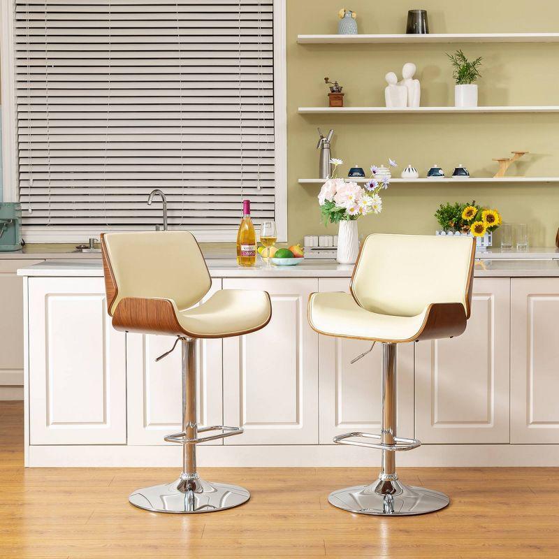 Glitzhome Set of 2 Leatherette Adjustable Height Swivel Bar Stools Chrome Plated Base Beige : Upholstered, Steel Legs, Rectangle Shape