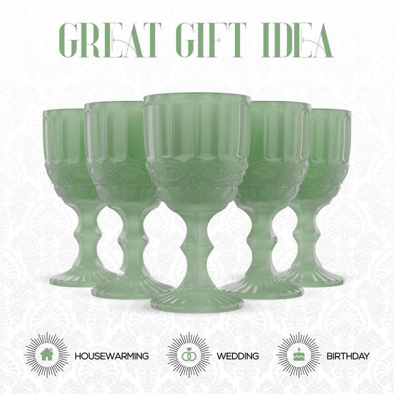 Jade Green Embossed Vintage Glass Goblets, Set of 6