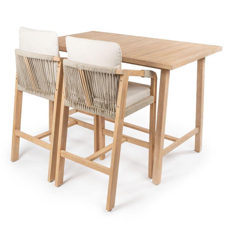 Porto Modern Coastal 3-Piece Acacia Wood Outdoor Bar Set with Cushions