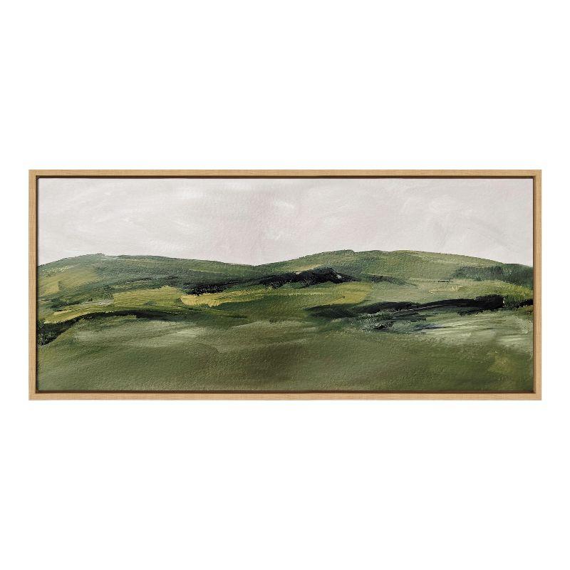 Green Mountain Landscape Watercolor Canvas Print with Natural Frame